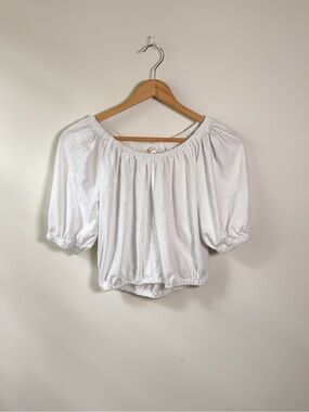 0 SUNDRY White Off The Shoulder Puff Sleeve Elastic Hem Crop Top XS